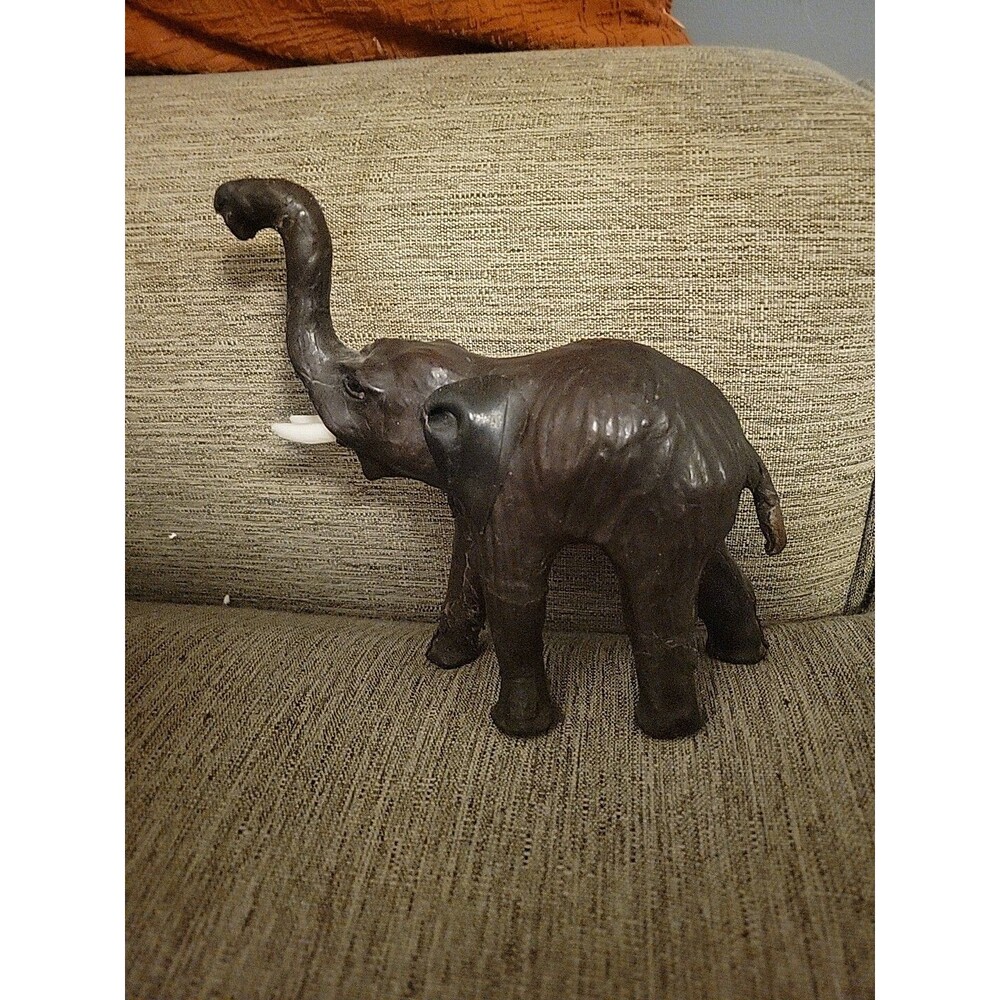 READ Vintage Elephant Statue Leather Wrapped 7" Trunk Up Safari Decor Figure